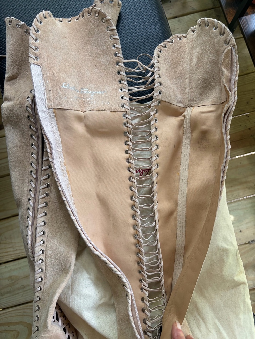Salvatore Ferragamo  Lace-Up Over-the-Knee High Heel Boots - Nude - Picture 9 of 15